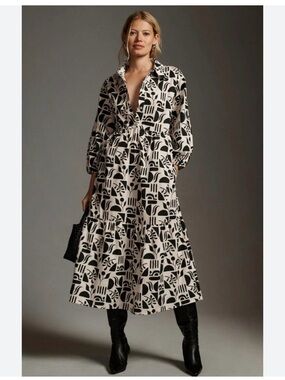 Maeve The Bettina Tiered Black & White Geometric Print Midi Dress, small